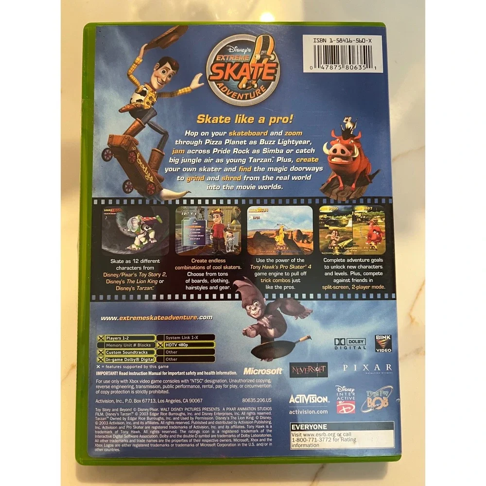 Disney Extreme Skate Adventure Xbox Game Toy Story‎ Lion King Tarzan Activision